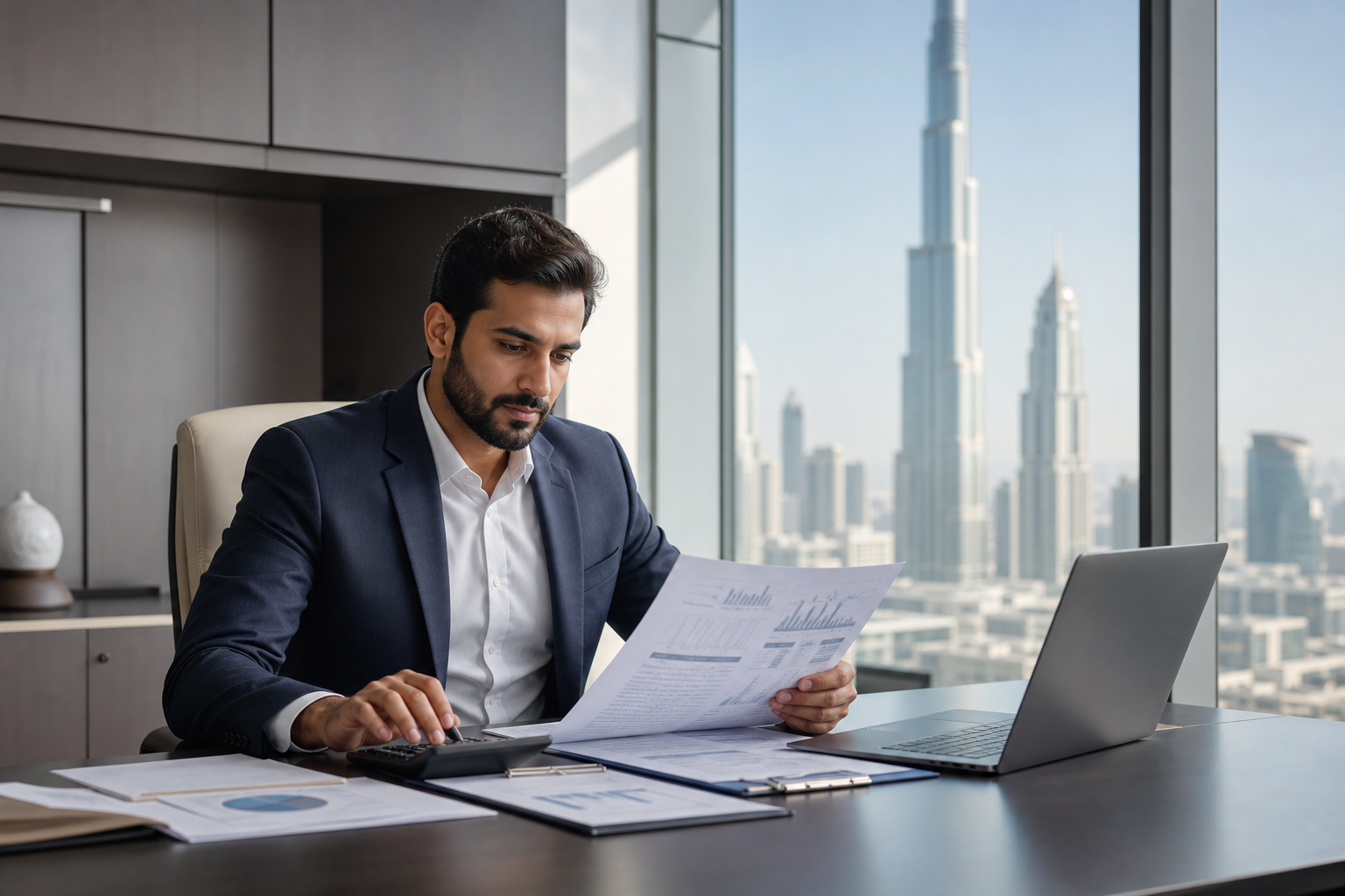 Accountant Reviewing Financial Statements in Modern Dubai Office