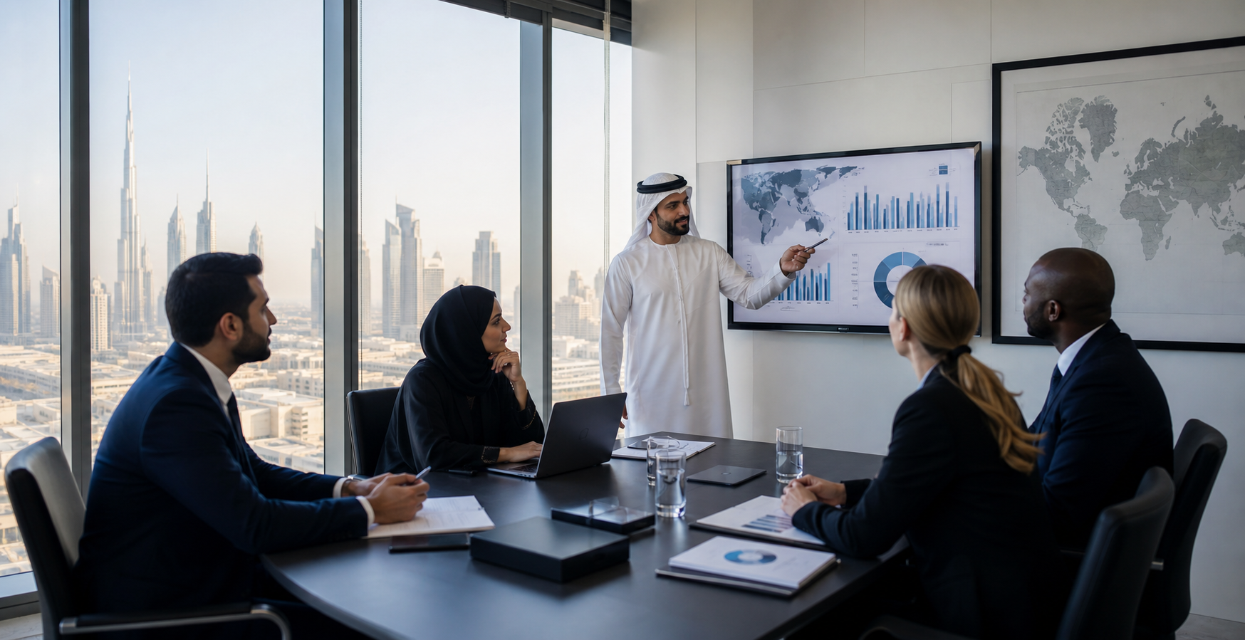 Confident Team Analyzing Growth Strategy in Modern Dubai Office