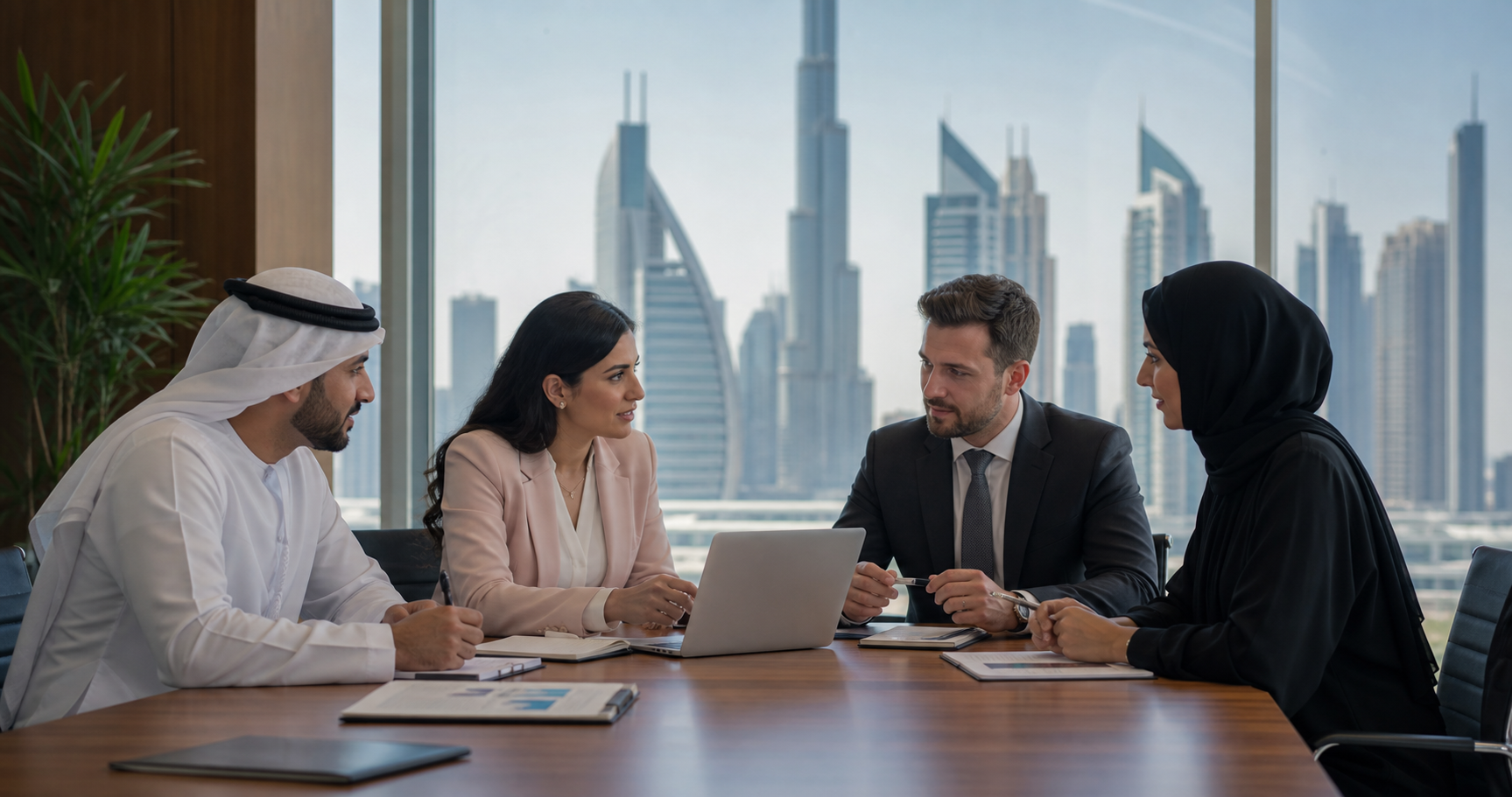 Corporate Advisors Collaborating in Modern Dubai Office with Skyline View