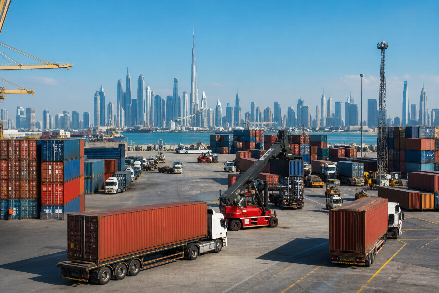 Dubai Port Cargo Containers and Trucks