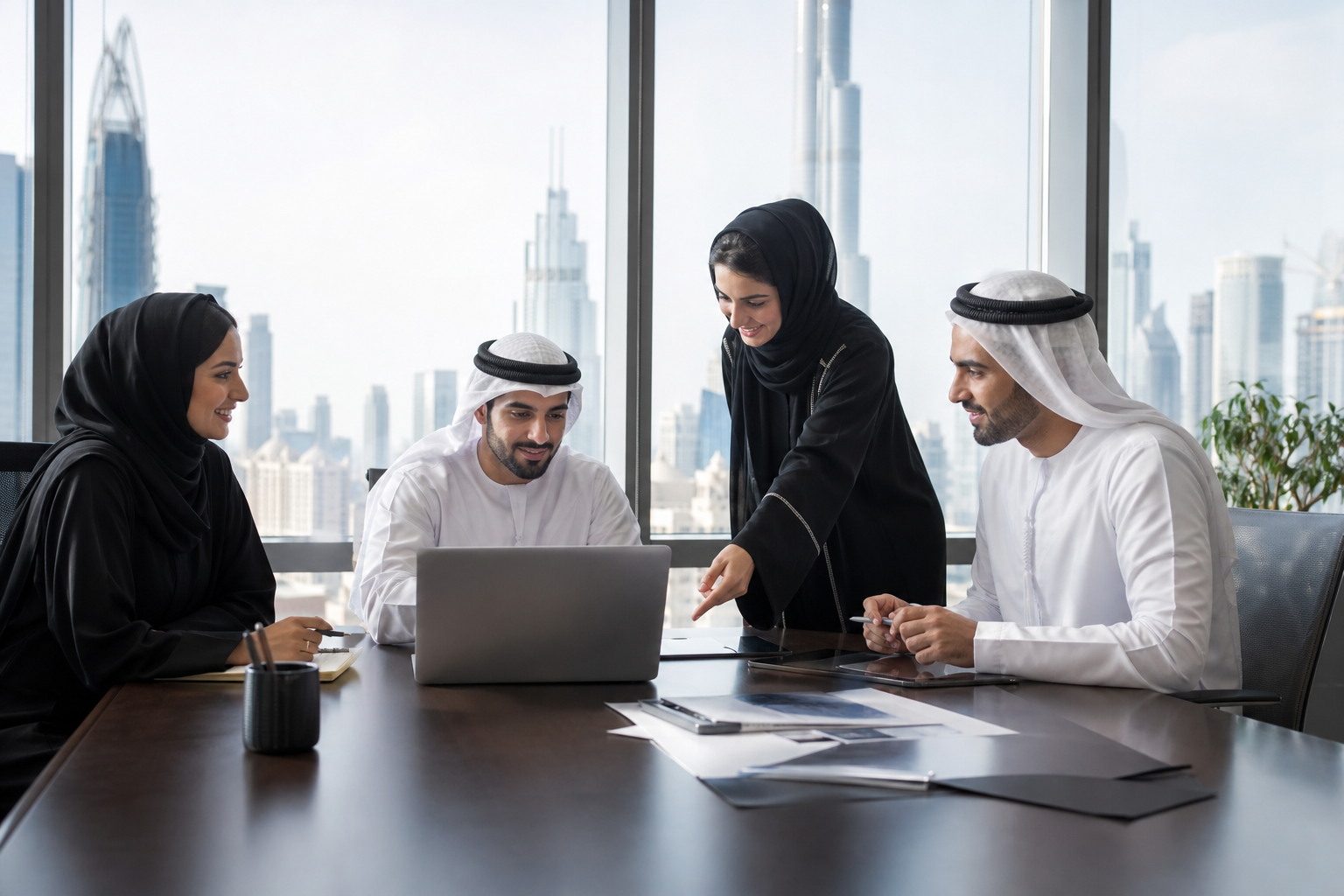 Emirati Business Team in Modern Dubai Office with Skyline View
