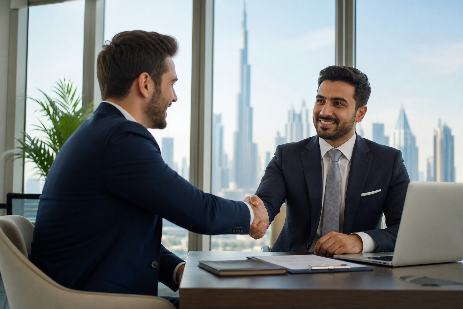 Entrepreneur Shakes Hands with Advisor in Dubai Office