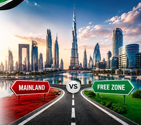 A split feature graphic contrasting UAE mainland and free zone company setup for a 2026 decision guide